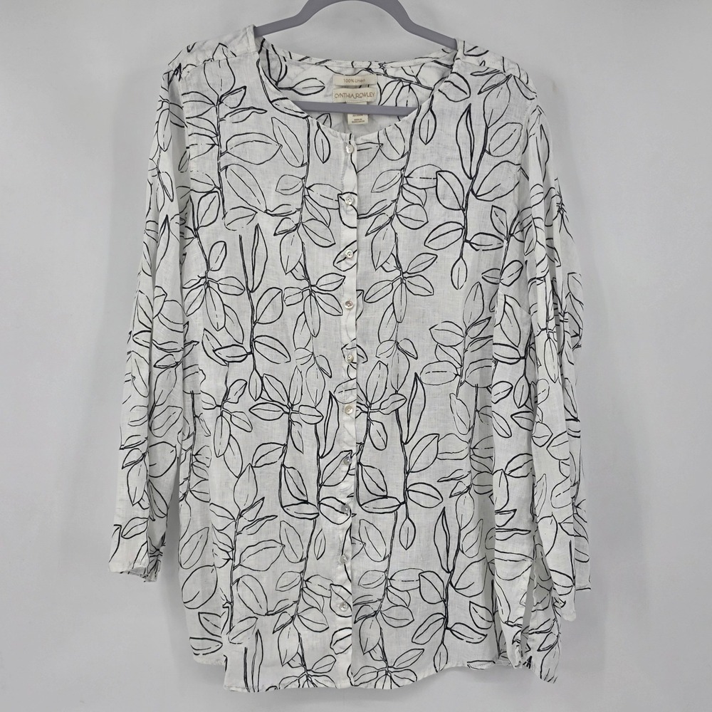 Cynthia Rowley Womens 2X White Black 100% Linen Leaf Coastal Earthy Button Shirt